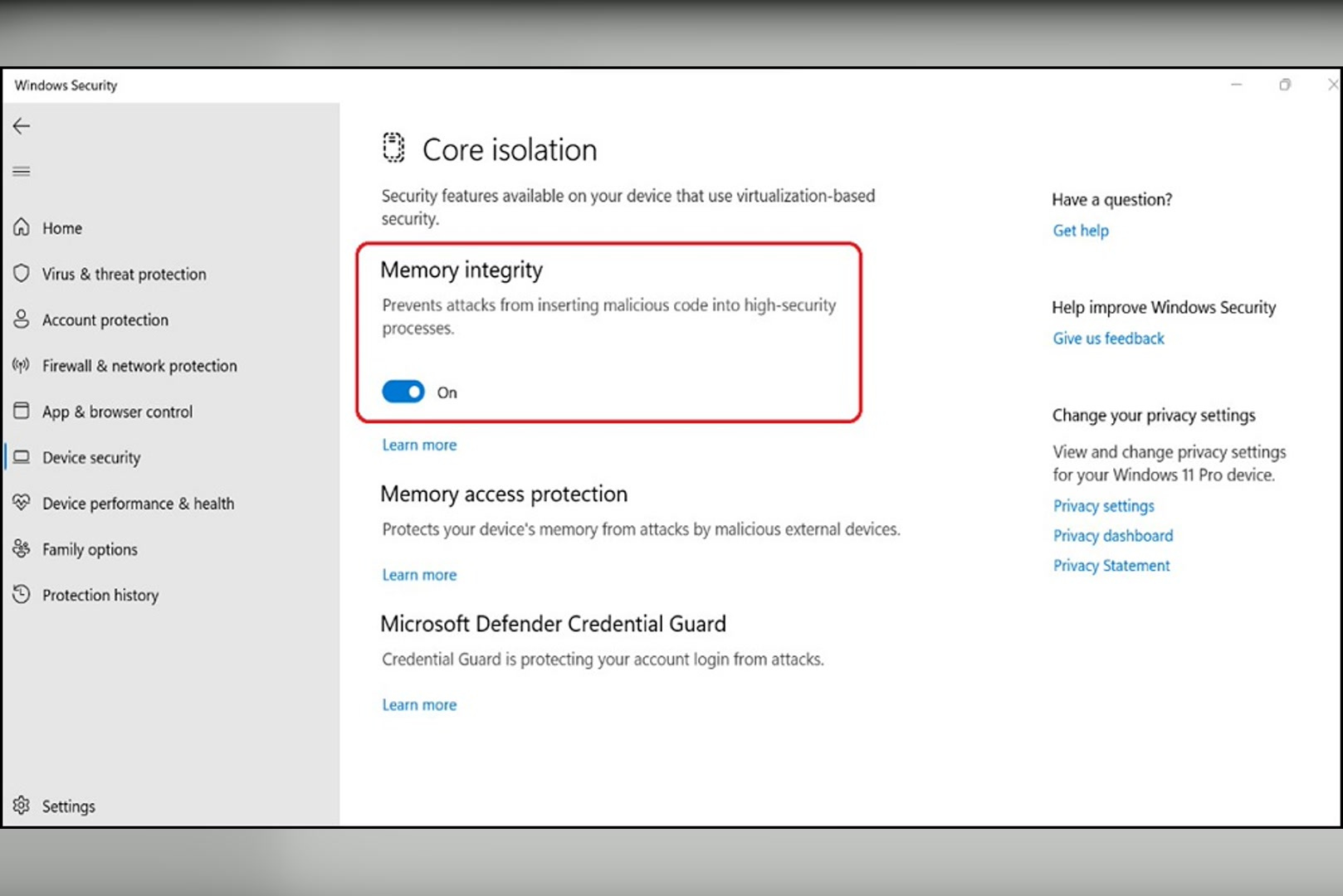 Раздел Core isolation в Windows Security с включённым параметром Memory integrity