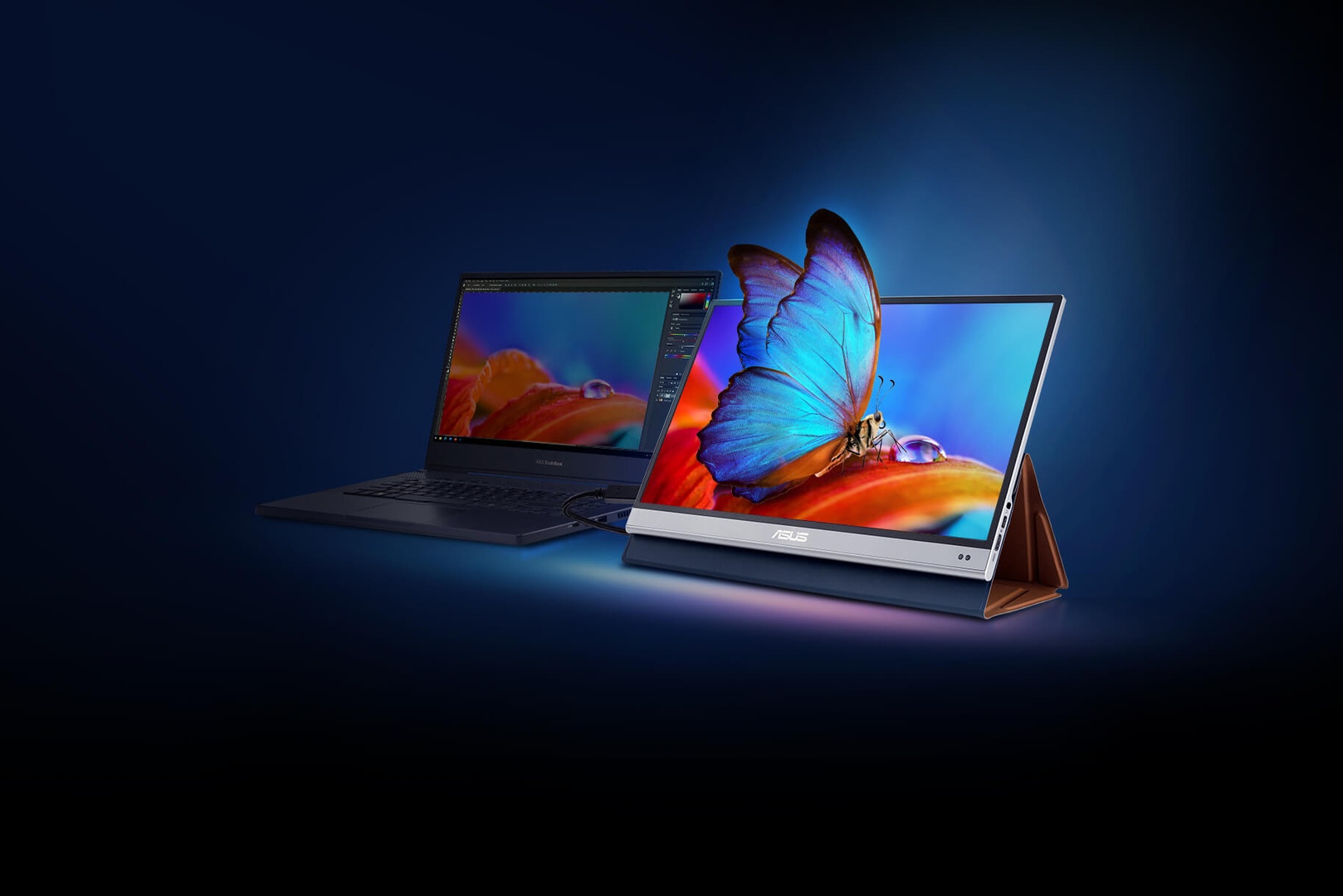Портативный монитор подключён к ноутбуку одним кабелем USB-C