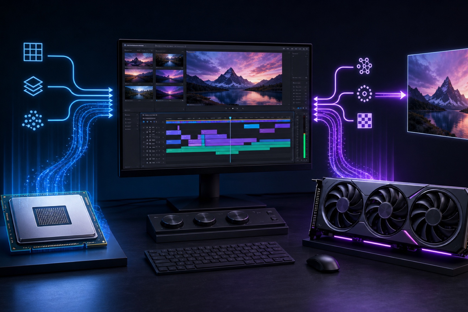Схема работы Premiere Pro с процессором и видеокартой при рендере.
